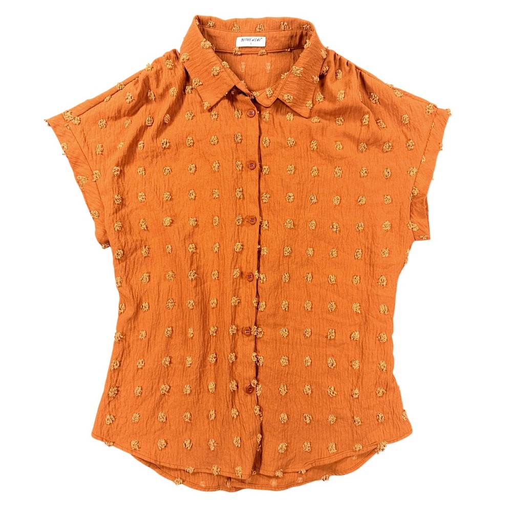 Bothenial Womens Burnt Orange Swiss Dot Short Sleeve Button Up Top Size L